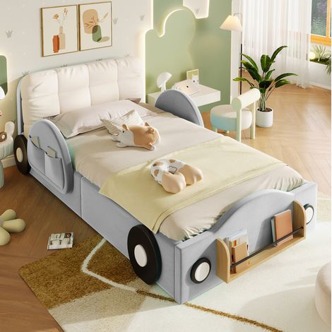 Cama con baúl 90x200 cm con bolsillos laterales y estantería, en terciopelo, gris (1/5)