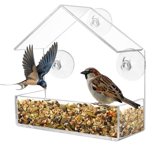 Transparenter Vogelfutterspender – Vogelhaus – Fenster mit Saugnapf – Futterspender für Wildvögel – Futterspender mit Saugnapf – 15 x 15 x 6 cm – Weiß (1/5)