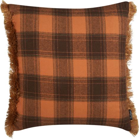 Cojín decorativo cuadrado con patrón de cuadros en color naranja con borlas 45 x 45 cm Barja
