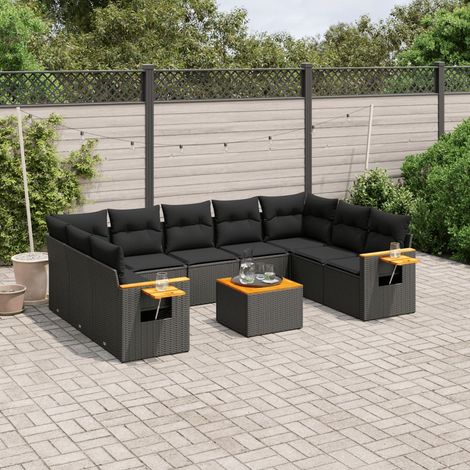 Ensemble Salon Jardin 10 Places Noir Résine Tressée avec Coussins - Table Acacia et Mobilier Modulaire Extérieur (1/5)