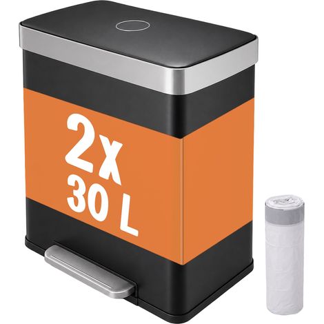 Relaxdays Mülleimer, 2 Fächer, 2x30 l, entnehmbare Inneneimer, Softclose, Fußpedal, Edelstahl, Treteimer Küche, schwarz (1/5)