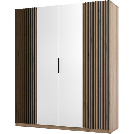 Selsey Kaja - Kleiderschrank 4-türig mit seitlichen Lamellen & Spiegel, 200 cm, Eiche Evoke (1/4)