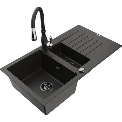 Mexen Matias lavello in granito a 1,5 vasche con scolapiatti e rubinetto da cucina Savita, nero/oro - 6502-75-672601-70-B (1/5)