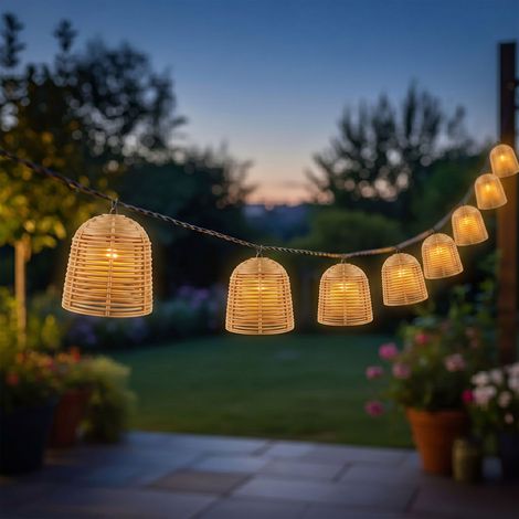 LED Solar Lichterkette 10 Lampions in Rattan Optik mit 7 Funktionen - 380 cm - LED Garten Deko Beleuchtung warm weiß