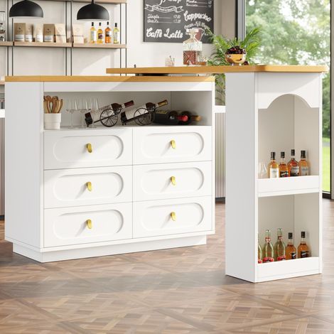 Tavolo bar allungabile 138-203 cm - Con cassetti e spazio di stoccaggio, su ruote, girevole a 360° - per cucina, soggiorno, sala da pranzo o ufficio, bianco (1/5)
