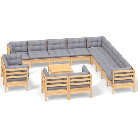Maison Exclusive - Set Divani da Giardino 14 pz con Cuscini Grigi Massello di Pino (1/5)