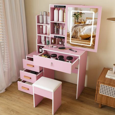 Tavolo da trucco 85/36/130 cm rosa con specchio LED, 4 cassetti e sgabello (1/5)