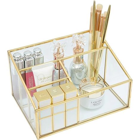 Vintage-Pinselhalter in Gold – Glas-Make-up-Organizer für Kosmetik, Nagellack, Lippenstifte und Pinsel