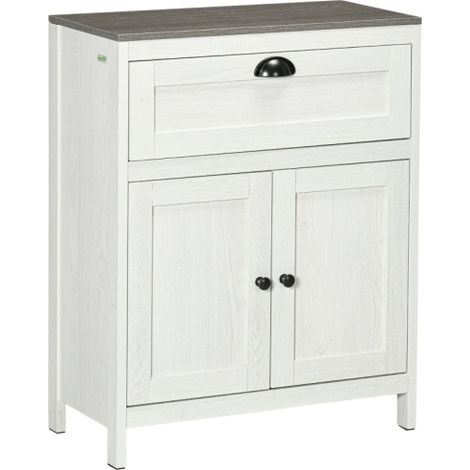 Freestanding Bathroom Floor Cabinet with Drawer, Double Door Storage Cupboard and Adjustable Shelf in Elegant White Finish (1/5)