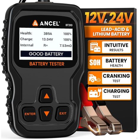 Testeur de batterie automobile 12 V 24 V, testeur batterie voiture au plomb et au lithium (100 à 2 000 CCA), permet de vérifier l'état de santé des batteries pour voitures, bateaux (1/5)