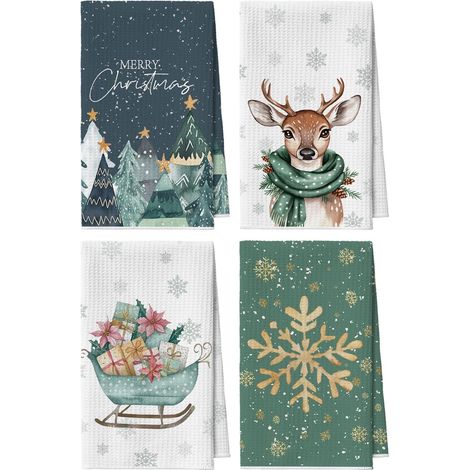 Cadeaux Cerf Arbre Traineau Flocon de Neige Torchons de Cuisine de Noël, 42x65 cm Ensemble de 4 Chiffons de Microfibre de Cuisine de Séchage et Décoration d'Hiver (1/5)