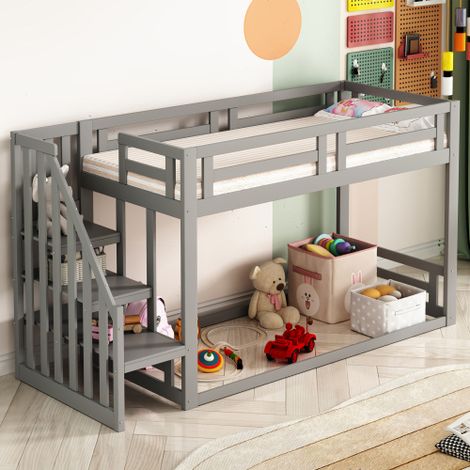 Lit mezzanine - lit 90x200 cm avec escalier de sécurité et sommier à lattes - en bois - gris - sans matelas (1/5)
