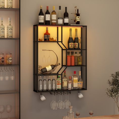 Puluomis – Étagère murale en bois avec bandes lumineuses RGB – Rangement flexible pour bouteilles et verres – Design moderne pour salon et bar – Noir (1/5)