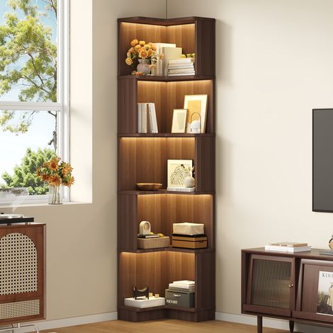Bibliothèque d'angle en forme en L – Meuble multifonction – Ruban LED multicolore contrôlable par application – 5 niveaux de rangement – 63,5 × 45 × 175 cm – Marron (1/5)
