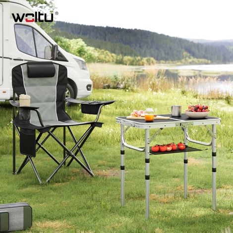 WOLTU  Campingtisch faltbar Picknicktisch Höhenverstellbar 25/36/50/60 cm, Klapptisch mit Aufbewahrungsnetz Haken, für Picknick Grill Garten, Schwarz