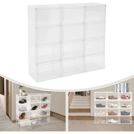 Satz von 12 Schuhkosten 34 x 27 x 22 cm - selbststststützender, stapelbarer Aufbewahrungsraum - für Schuhe, Kleidung, Spielzeug, Bücher usw. (transparent)