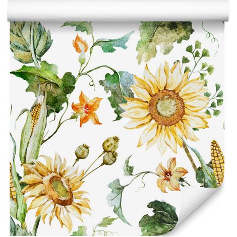 Papel pintado 3D de girasoles, maíz y hojas para salón y dormitorio, 50x1000 cm. (1/5)