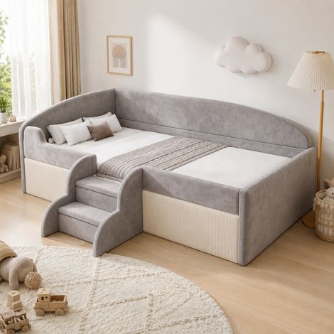 Cama infantil tapizada 90x190 cm de terciopelo gris, con escalones, barreras y somier, OKWISH (1/5)