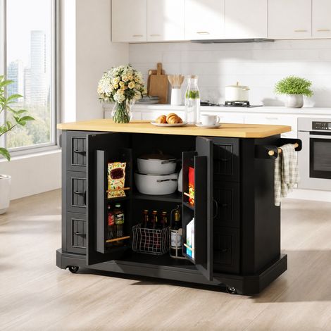 Isola cucina mobile con 2 ante, 6 cassetti, 5 ruote, 120 x 45 x 91 cm, nera DESVIAE (1/5)