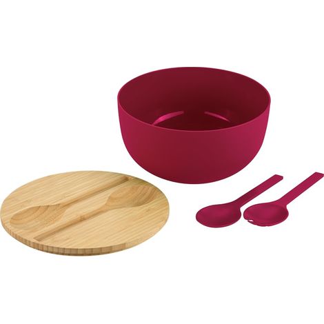Set de saladiers avec couverts à salade, matériau : plastique (PP), bambou, dimensions : D 24 x H 13 cm, couleur : rouge, marron - 58473 (1/2)