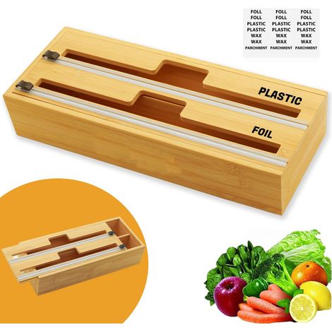 Distributeur et coupe-film alimentaire - Distributeur de papier aluminium et de papier ciré pour la cuisine, support de rangement en bambou pour rouleaux, compatible avec les rouleaux de 30 cm (12 pou