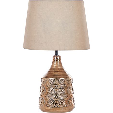 Lámpara de mesa de cerámica marrón dorado pantalla beige 47 cm patrón geométrico retro sala de estar dormitorio Wari