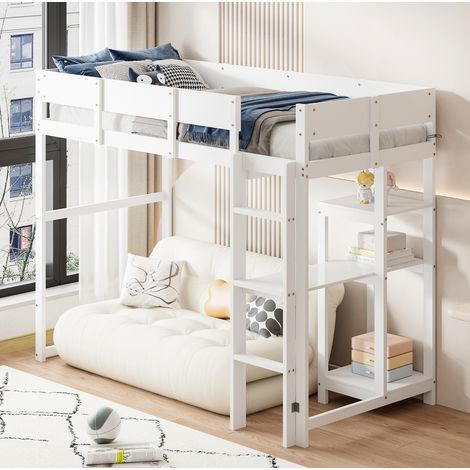 Hochbett 90x200 cm Weiß aus massivem Kiefernholz mit Ablageregal und Schutzgittern (1/5)