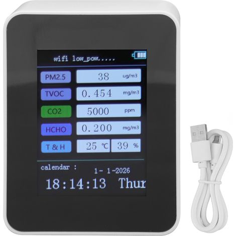 Moniteur de Qualité d'Air Intelligent TUYA WiFi 7 en 1 - Détecteur de PM2.5, Formaldéhyde, COV avec Fonction Calendrier et Affichage du Temps - Version Blanche (1/5)
