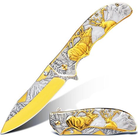 Klappmesser mit 3D Hirsch-Prägung, 440 Stahlklinge, Geschenk für Männer