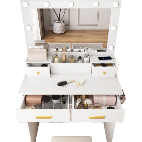 CHICFURN Tocador 80 x 40 x 137 cm en MDF blanco, LED 3 temperaturas, enchufe, taburete (1/5)