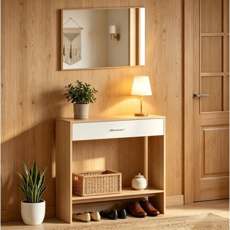 Consola de entrada con espejo de pared y cajón, 91,5 x 27,9 x 85,5 cm, blanco roble (1/5)