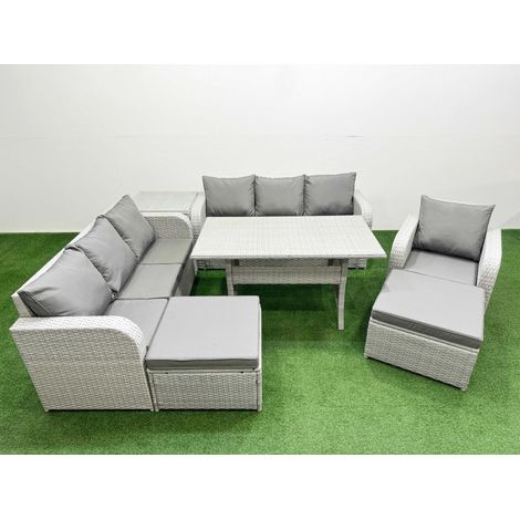 Fimous 9 Seater Poly Rattan Outdoor Garden Furniture Rectangular Dining Table Sofa Set Patio 3 Seater Sofa Reclining Chair 3 Seater Sofa 2 Big Footstools Side Table Light Grey (1/4)