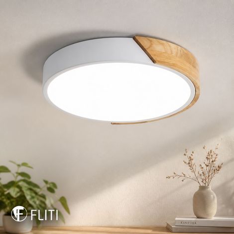 FLITI Round Wooden LED Ceiling Light 24W Cool White Light 6000K Ø30cm for Bedroom Kitchen Living Room Office (1/5)