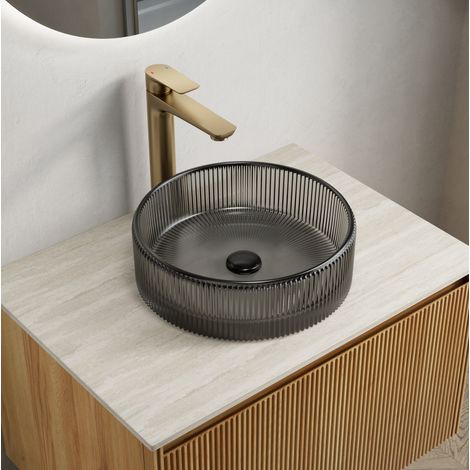 Lavabo da appoggio rotondo in vetro cristallo nero trasparente, stile moderno, Ø 36 x 11,5 cm (1/5)