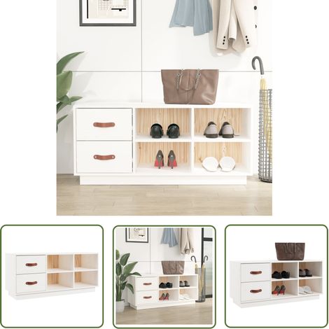The Living Store Banc à chaussures Blanc 100x34x45 cm Bois de pin massif - Banc Chaussure - Rangement Chaussures - Entrée - Bois Pin - Mobilier Intérieur (1/5)