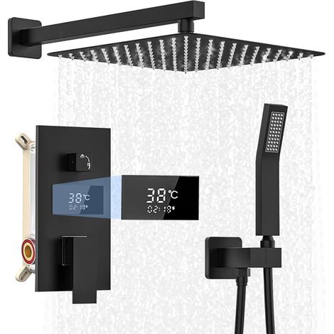 Colonne de Douche Encastrée, Ensemble Système de Douche Encastré, Encastrable Set Noir avec Tête de Douche Carrée 30x30cm, Douchette, Pommeau de Douche Pluie, Laiton&Acier Inoxydable