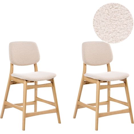 Set retrò di 2 sedie da bar senza braccioli con seduta in tessuto bouclé marrone chiaro e beige Elaine