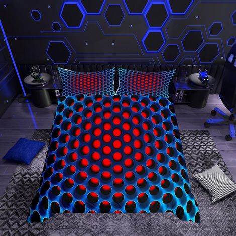 Housse de Couette géométrique en nid d'abeille stéréoscopique,Trou Dense pour Garons,Enfants Bleu et Rouge Housse de Couette en Microfibre tridimensionnelle 3D Double (1/5)