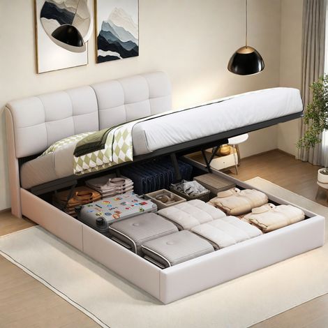 Eifson – Lit coffre 140x200 cm – Éclairage LED orientable – Dossier rembourré en velours – Sommier à lattes – Rangement à air comprimé