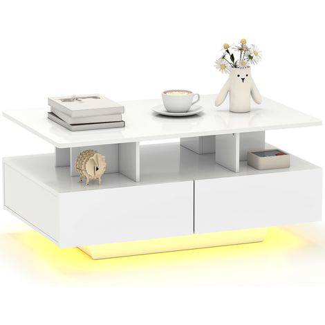 HOMCOM mesa de centro LED moderna mesa de café brillante con 4 cajones estante abierto y luces LED de 16 colores para salón 90x55x41 cm blanco brillo (1/5)