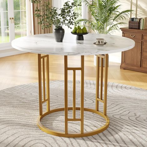 ModernLuxe Table à Manger Ronde 80×80 cm, Plateau MDF Imitation marbre doré, Table Cuisine Design 4 Personnes, Salon et Salle à Manger, Pieds métal dorés élégants (1/5)
