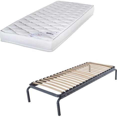 Lit métal + matelas Marly - 90x190 - Mousse - 20 lattes bois - Gain de place (1/5)