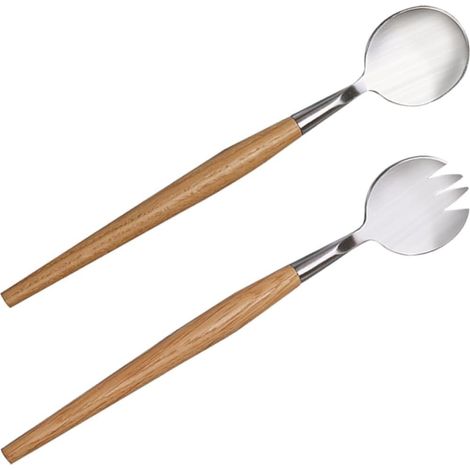 Ensemble salade 2 pièces inox manche bois, ustensiles solides pour pique-nique, repas ou service extérieur (1/5)