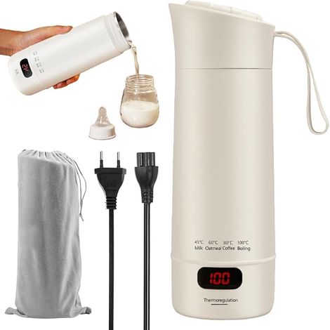 400ML Bouilloire De Voyage, Mini Bouilloire De Voyage, Portable Avec Thermos Chauffant, Portable Électrique Avec Contrôle De Température, Pour Thé, Café, Lait Bébé (1/5)