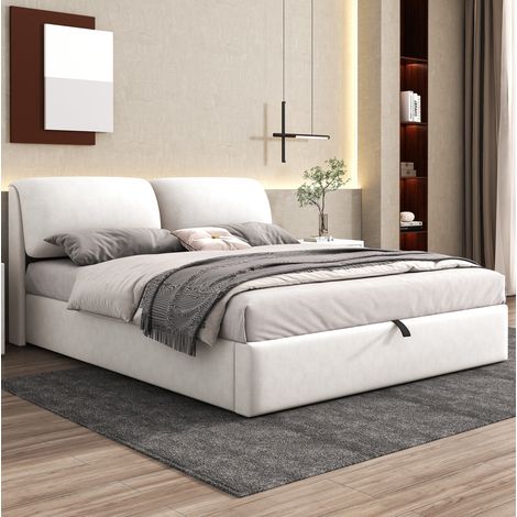 Lit coffre capitonné 180x200 cm en velours beige avec 3 tiroirs, tête de lit et sommier (1/5)