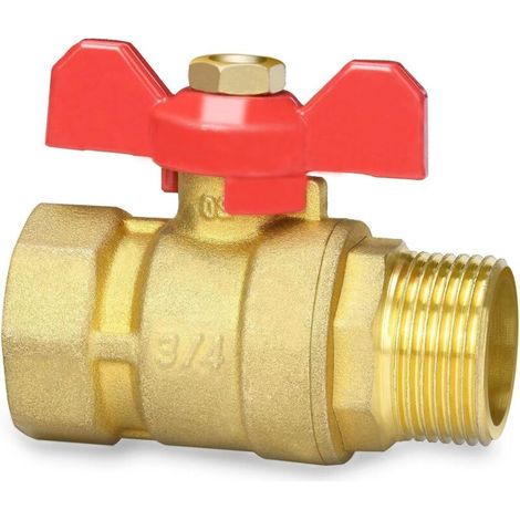 1 Robinet à tournant sphérique 3/4", laiton, poignée rouge, filetage mâle/femelle, eau huile (1/5)
