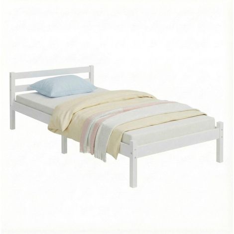 FurnitureR Weißes Einzelbett aus Holz mit Lattenrost, stabiler Bettrahmen im modernen Design, geeignet für Matratze 90 × 190 cm (1/5)