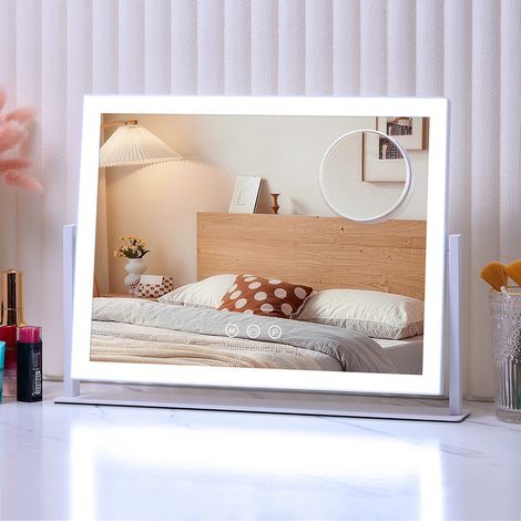 Hollywood Schminkspiegel GIMBELEN mit LED-Beleuchtung, 42x31 cm, 3 Lichtfarben, Dimmer, 360° Drehung, Touch, USB-C, 3x Vergrößerung, weiß (1/5)