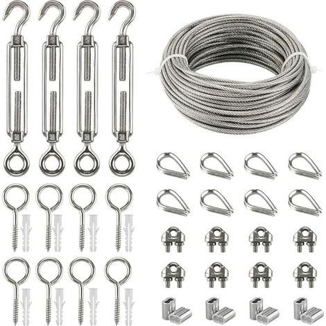 Kits de Câble en Acier Inox, 20m Câble Acier Galvanisé, Kit de Câble Métallique avce Tendeur Oeil-crochet M5, Attaches pour Câbles Métalliques, Manchons de Sertissage, Pitons Fermé, Cosse Coeur