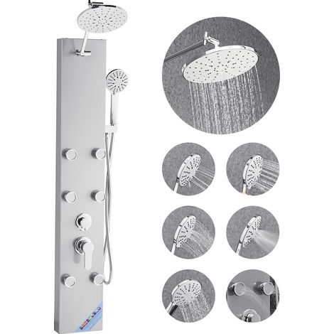 Colonne de douche avec pommeau de douche effet pluie, système de panneau de douchette mural haute pression acier inox brossé 124 cm, robinet 3 fonctions, avec 6 jets corporels, douchette à main (1/5)